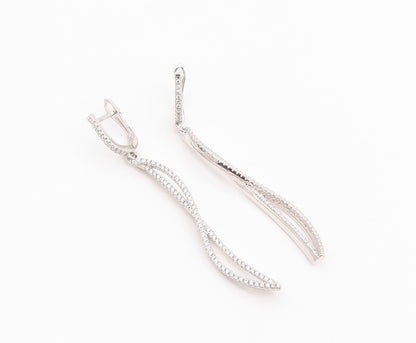 925 Sterling Silver Vintage Earrings CZ Pave Modernist Twisted Dangle  EG14228