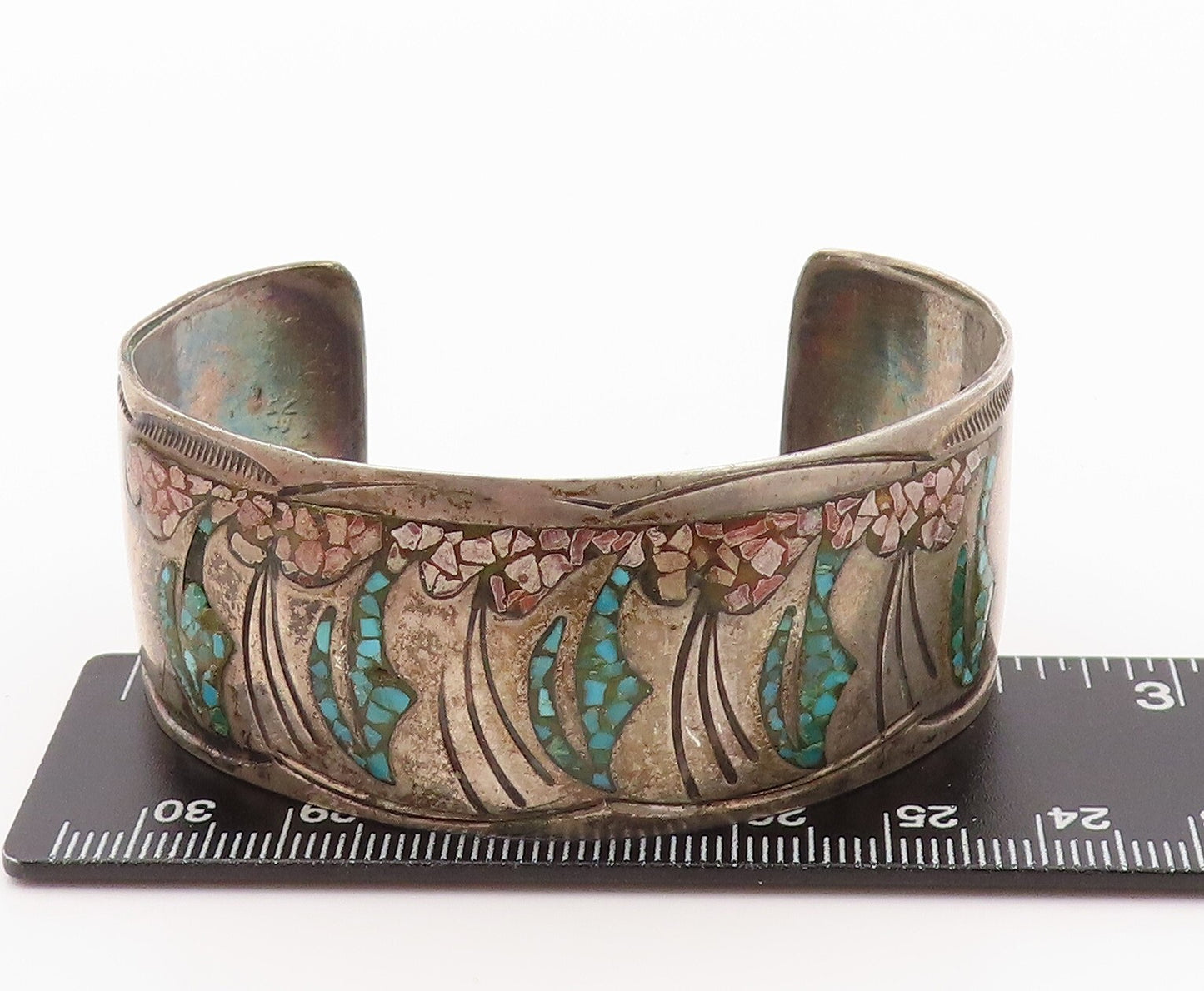 925 Sterling Silver Vintage Bracelet NAVAJO ZUNI Crushed Turquoise Cuff  BT11087
