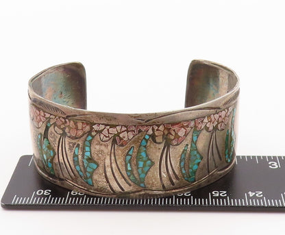925 Sterling Silver Vintage Bracelet NAVAJO ZUNI Crushed Turquoise Cuff  BT11087