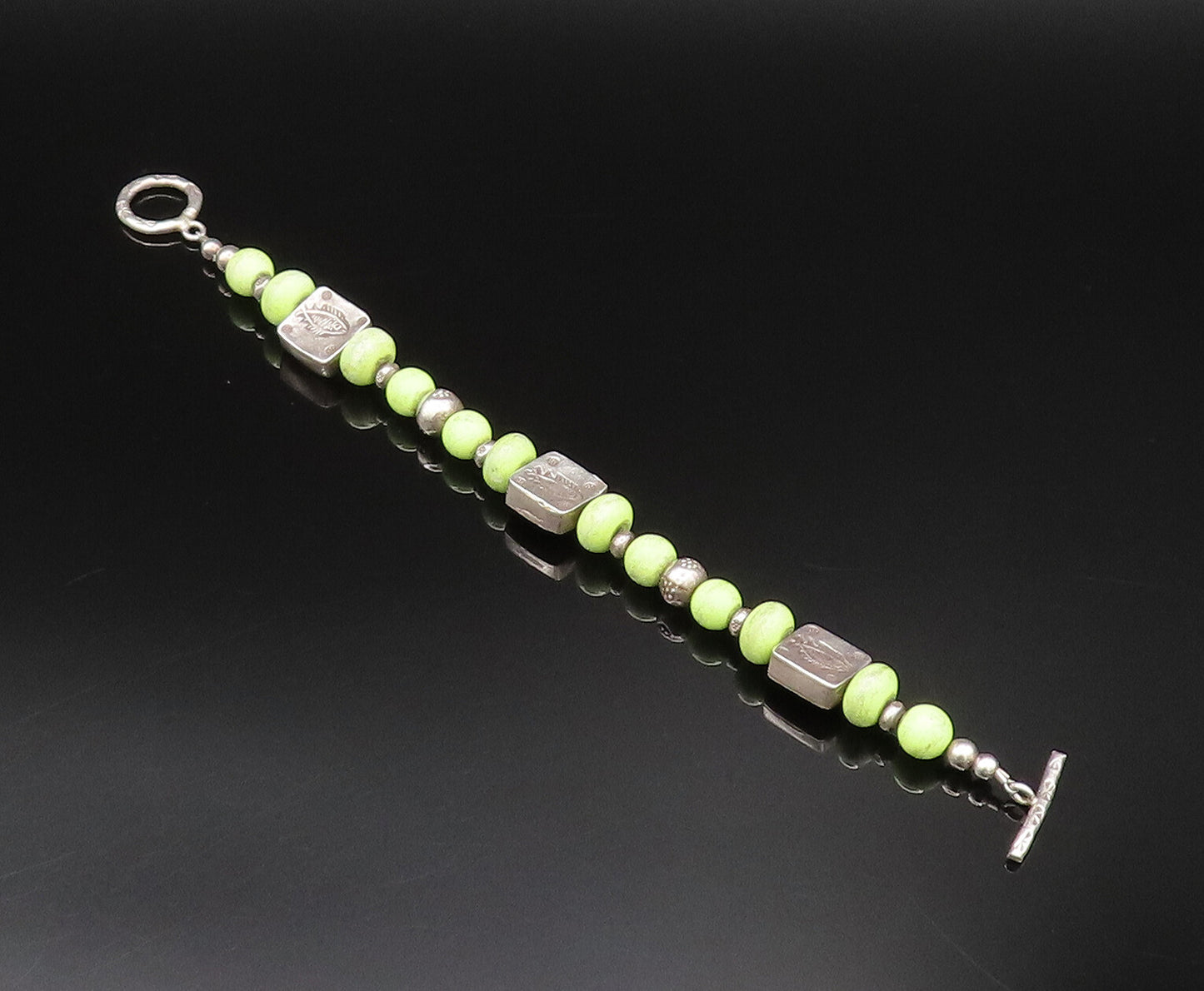 925 Silver  Vintage Green Turquoise Beads & Engraved Fish Bracelet  BT9673