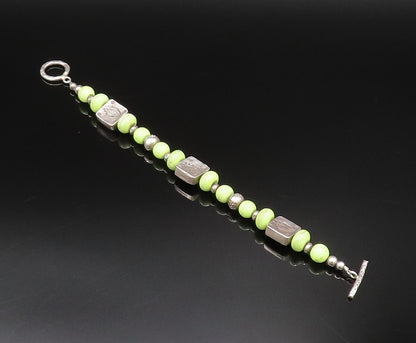 925 Silver  Vintage Green Turquoise Beads & Engraved Fish Bracelet  BT9673