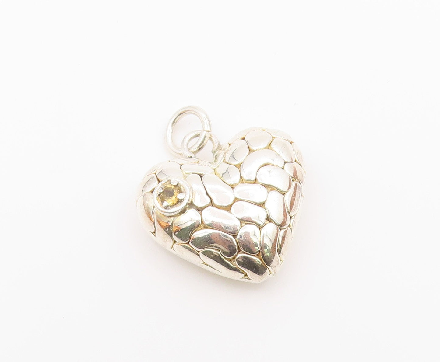 925 Sterling Silver  Citrine Hollow Shiny Cobble Love Heart Pendant  PT12941