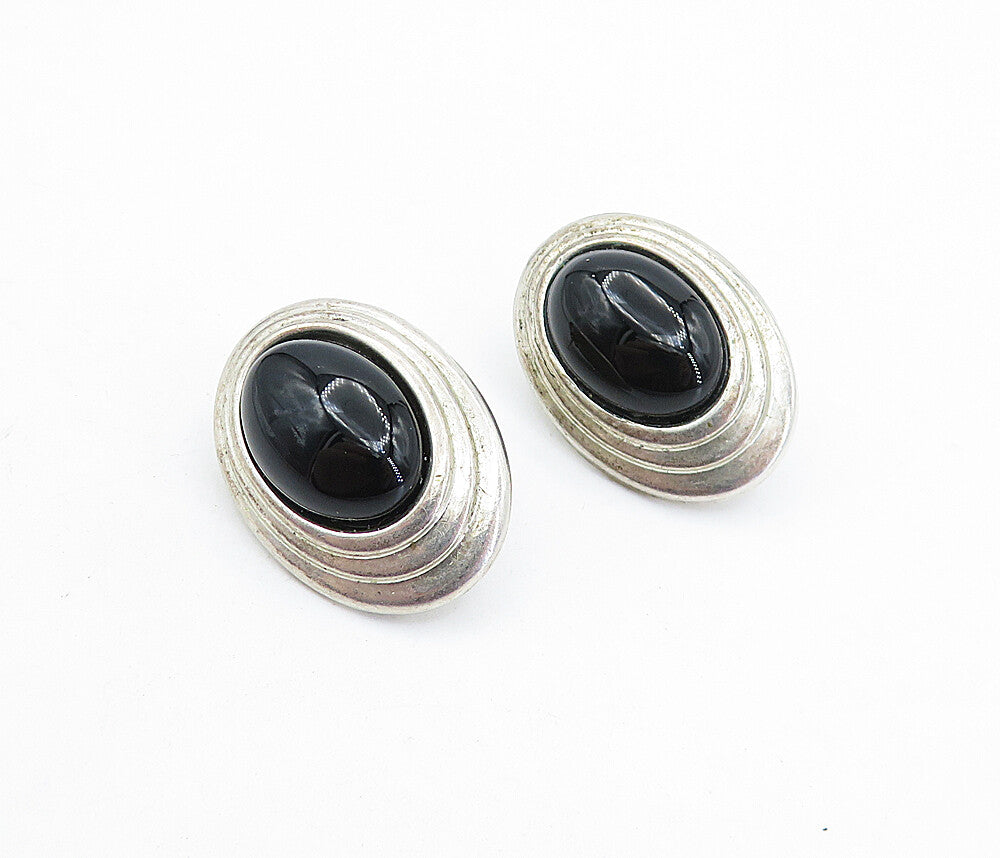 925 Sterling Silver Vintage Cabochon Cut Black Onyx Drop Earrings EG2855