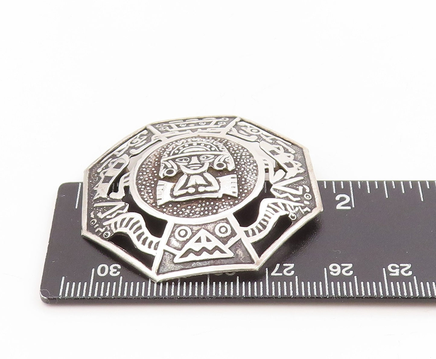 925 Sterling Silver Vintage Brooch PERU Aztec Andean Deity Octagonal Pin BP12010
