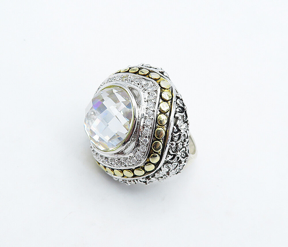 925 Sterling Silver  Cubic Zirconia 2 Tone Floral Cocktail Ring Sz 9.5  RG4947