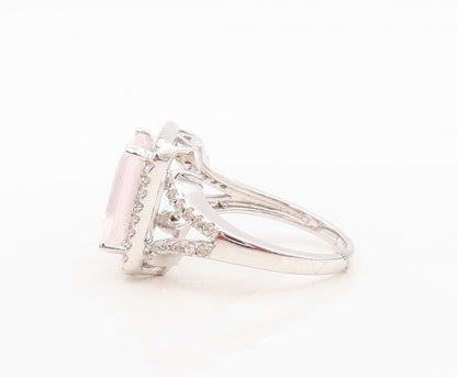 925 Sterling Silver Vintage Ring Rectangle Cut Pink Gemstone & CZ  Sz 7 RG30518