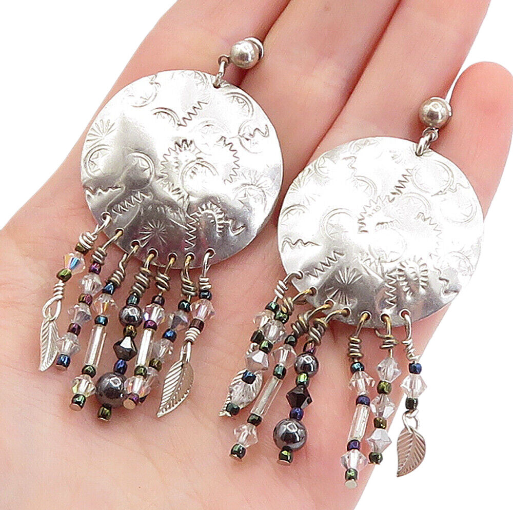 NAVAJO 925 Sterling Silver  Vintage Hematite Beaded Dangle Earrings  EG2577