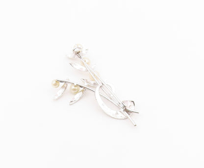 925 Sterling Silver  Vintage Cultured Pearls Leaf Stem Brooch Pin  BP9364