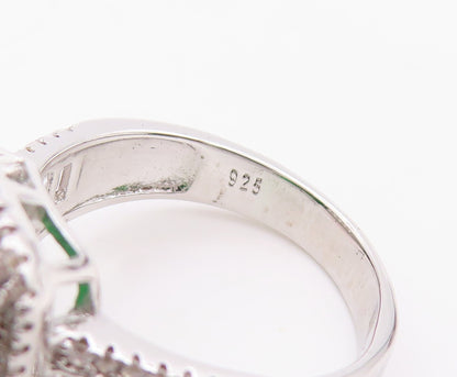 925 Sterling Silver Vintage Ring Rectangle Cut Green & White CZ Sz 7.5  RG30050