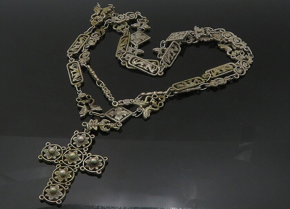 800 Silver Vintage Antique Heavy Religious Cross Chain Necklace  NE3589
