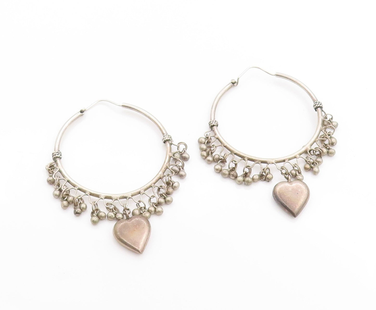 925 Sterling Silver Vintage Earrings Antique Dangling Beads & Heart Hoop EG13605