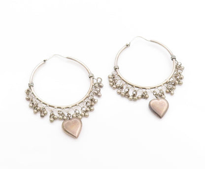 925 Sterling Silver Vintage Earrings Antique Dangling Beads & Heart Hoop EG13605