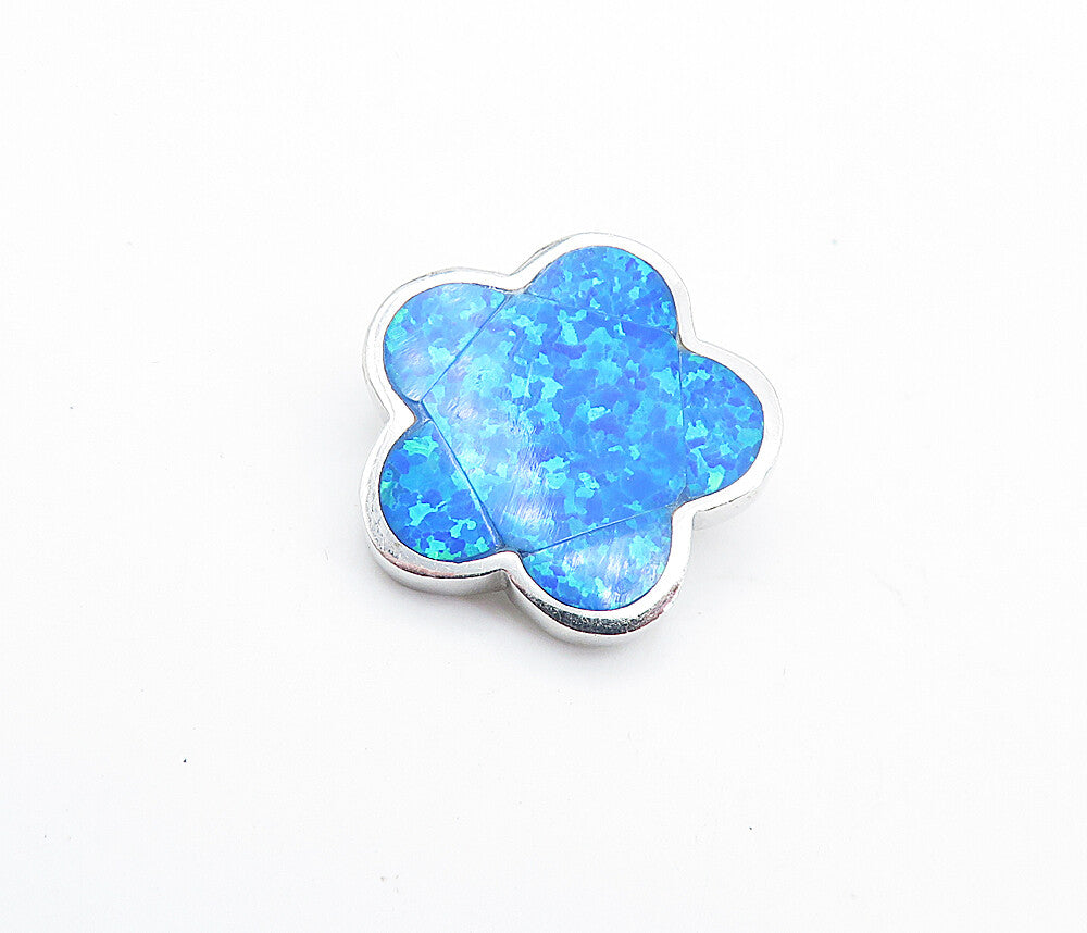 925 Sterling Silver  Petite Shiny Inlaid Blue Fire Flower Motif Pendant PT5564