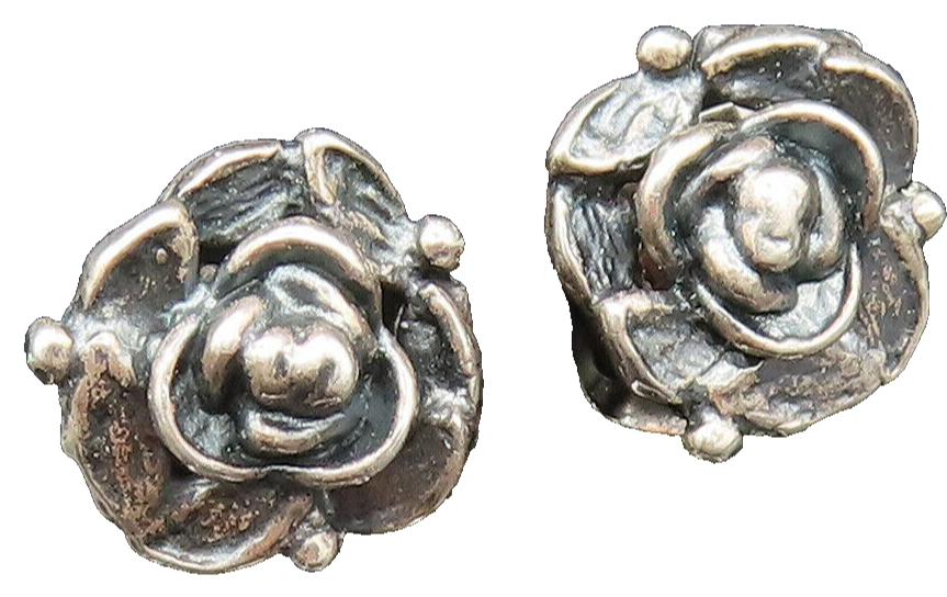 ISRAEL 925 Sterling Silver  Vintage Carved Rose Flower Stud Earrings  EG11759
