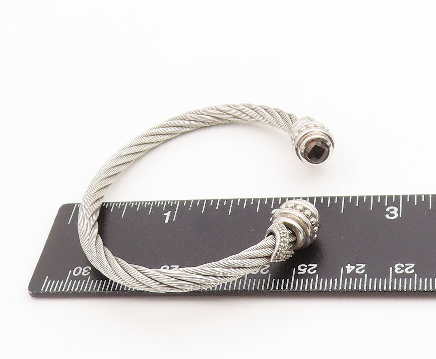 925 Sterling Silver Vintage Bracelet Real Diamonds & Smoky Quartz Cuff  BT11432