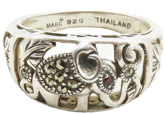 MARC 925 Silver  Vintage Marcasite Elephant Motif Band Ring Sz 8  RG13410