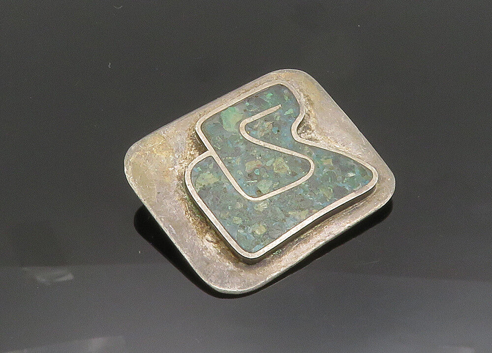 925 Sterling Silver  Vintage Inlaid Turquoise Square Brooch Pin  BP7886