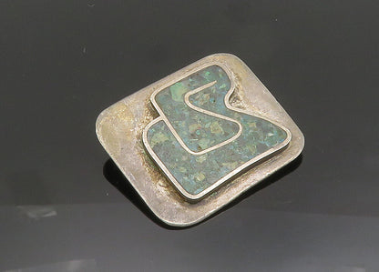 925 Sterling Silver  Vintage Inlaid Turquoise Square Brooch Pin  BP7886