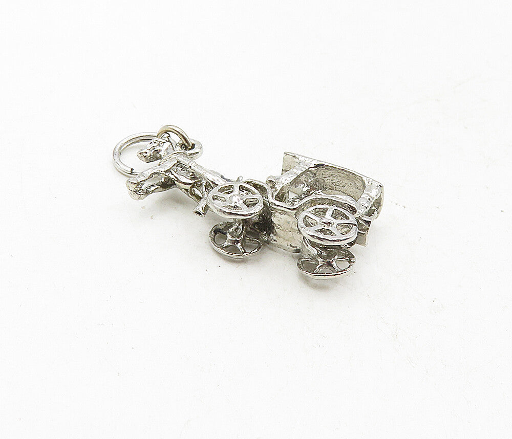 925 Sterling Silver  Vintage Shiny Horse & Carriage Motif Drop Pendant  PT6986