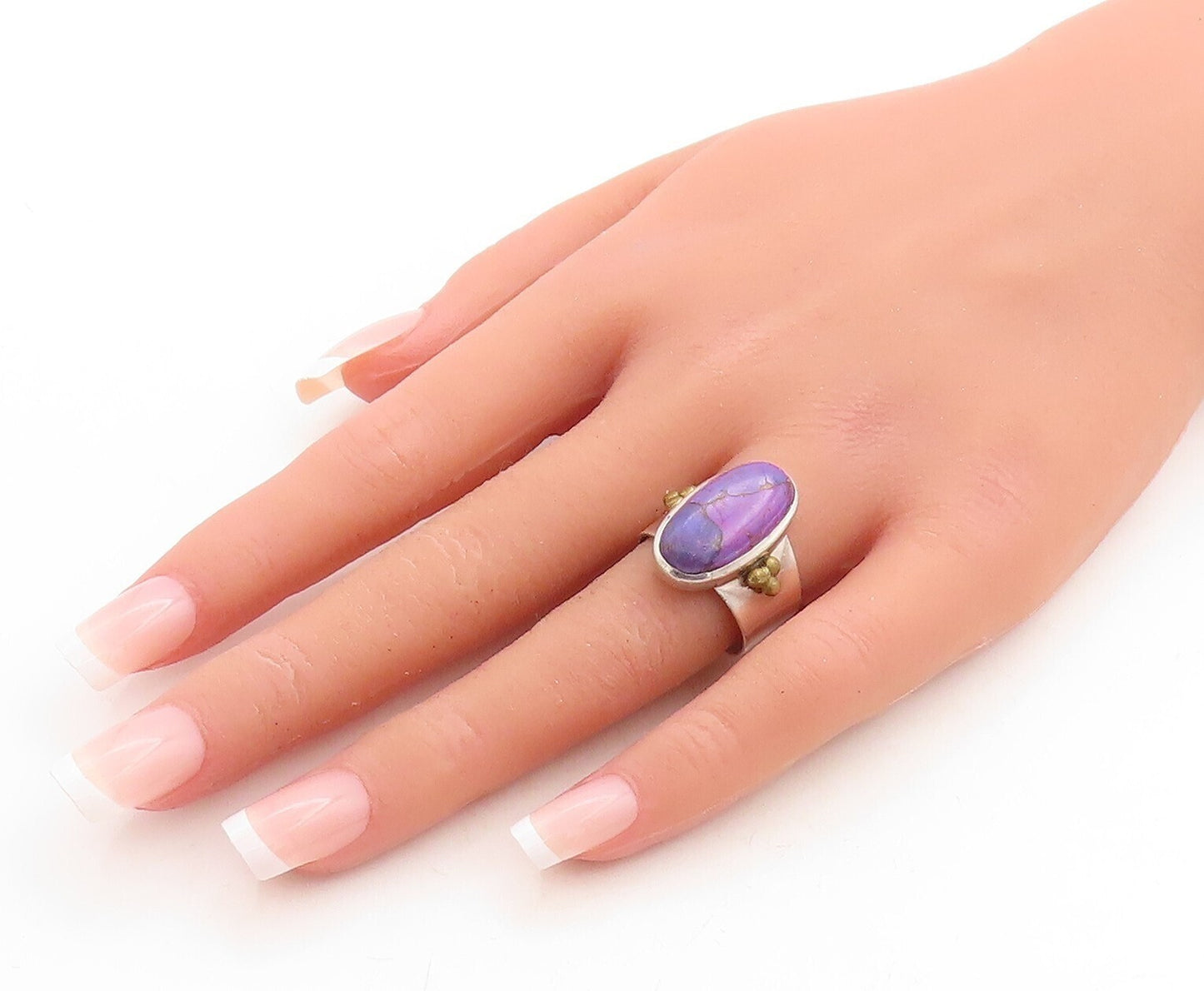 925 Sterling Silver Vintage Ring Oval Cabochon Purple Gemstone  Sz 8  RG31181