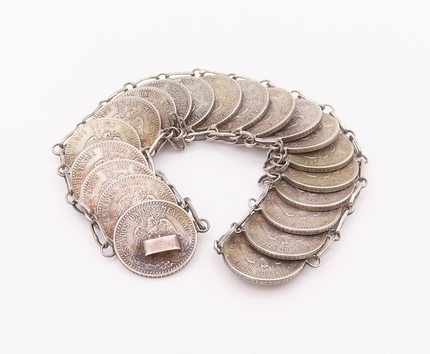 925 Sterling Silver Vintage Bracelet Mexican 20 Cent Chained Linked  BT10366