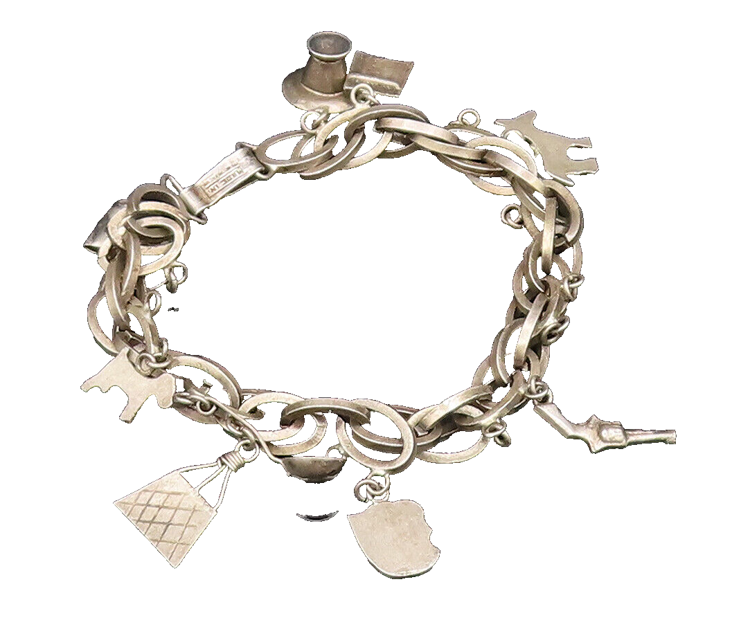 925 Silver  Vintage Bucket Pistol Spoon Dog & Multi Charm Bracelet  BT9496