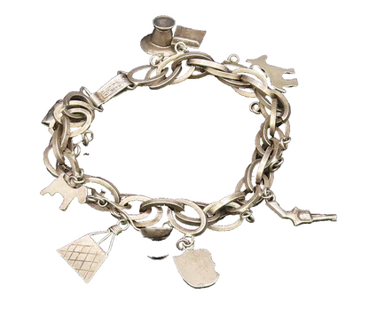 925 Silver  Vintage Bucket Pistol Spoon Dog & Multi Charm Bracelet  BT9496