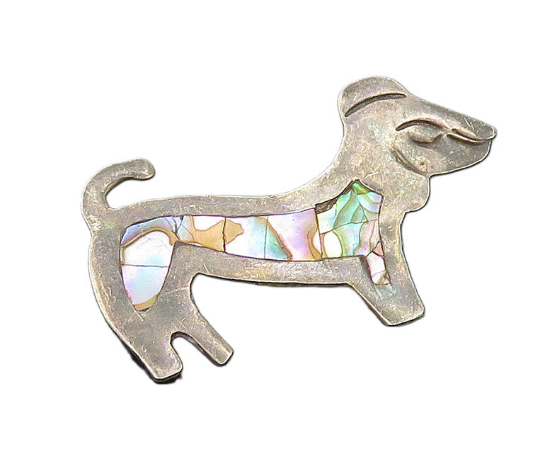 MEXICO 925 Sterling Silver  Vintage Abalone Shell Dog Motif Brooch Pin  BP8929