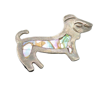 MEXICO 925 Sterling Silver  Vintage Abalone Shell Dog Motif Brooch Pin  BP8929