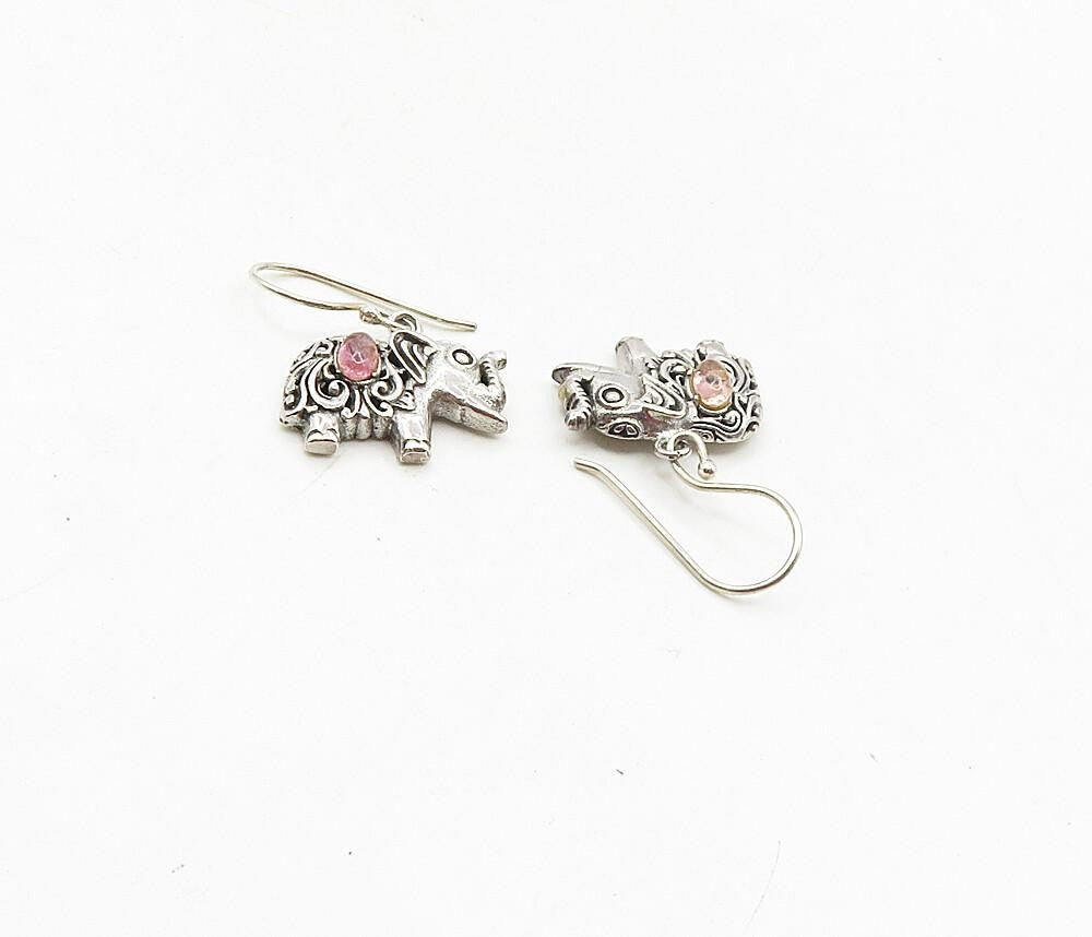 925 Sterling Silver  Vintage Petite Amethyst Elephant Dangle Earrings  EG4740