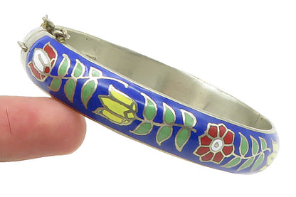 925 Sterling Silver  Vintage Enamel Floral Pattern Bangle Bracelet  BT8540