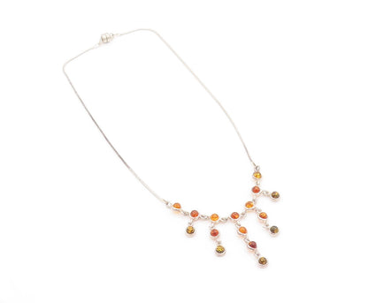 925 Sterling Silver Vintage Necklace Multi Stone Amber Classic Link Chain NE4630