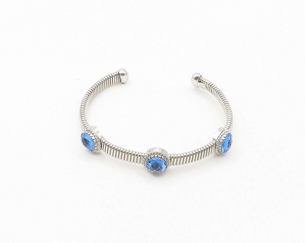 925 Sterling Silver  Faceted Blue Topaz Shiny Ribbed Cuff Bracelet  BT7174