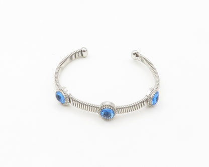 925 Sterling Silver  Faceted Blue Topaz Shiny Ribbed Cuff Bracelet  BT7174