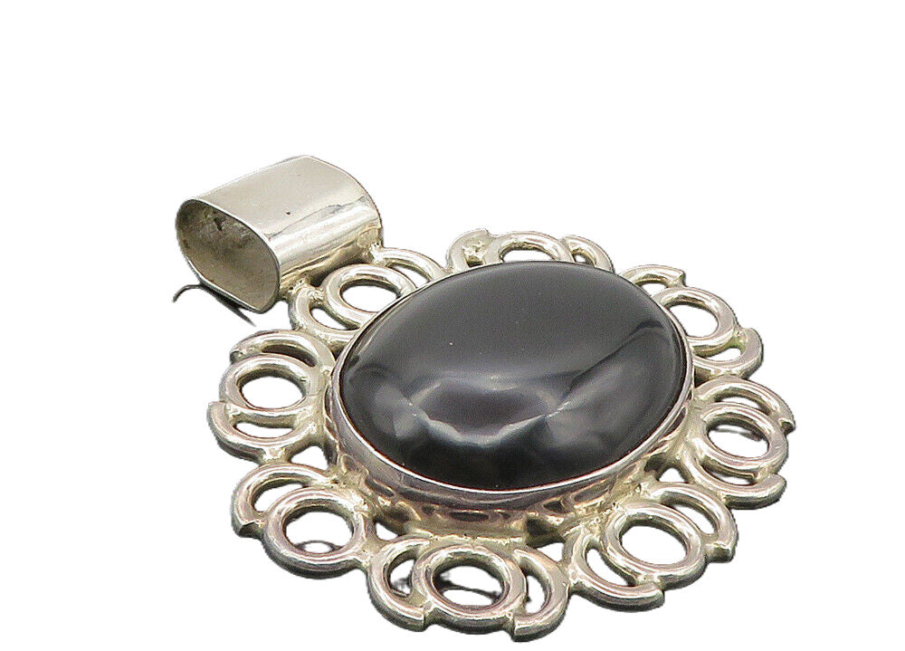MEXICO 925 Sterling Silver  Vintage Cabochon Cut Black Onyx Pendant  PT7859