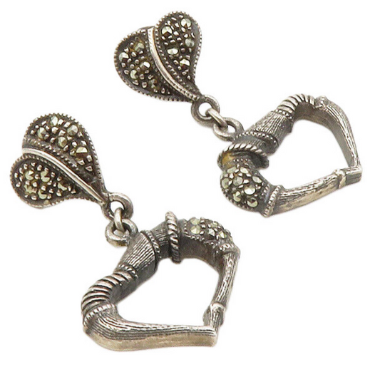 925 Sterling Silver  Vintage Marcasite Love Heart Dangle Earrings  EG6430