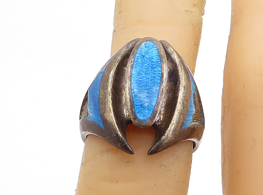 925 Sterling Silver  Vintage Antique Enamel Detail Band Ring Sz 5.5  RG7019