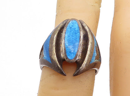 925 Sterling Silver  Vintage Antique Enamel Detail Band Ring Sz 5.5  RG7019