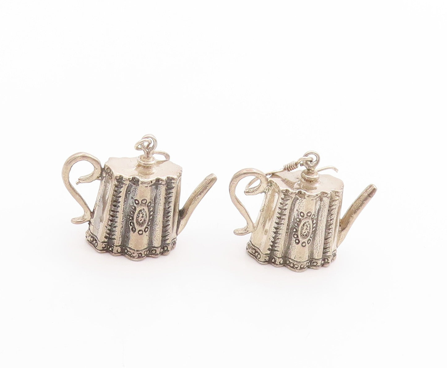 925 Sterling Silver Vintage Earrings Etched Miniature Tea Pot Dangles  EG13688