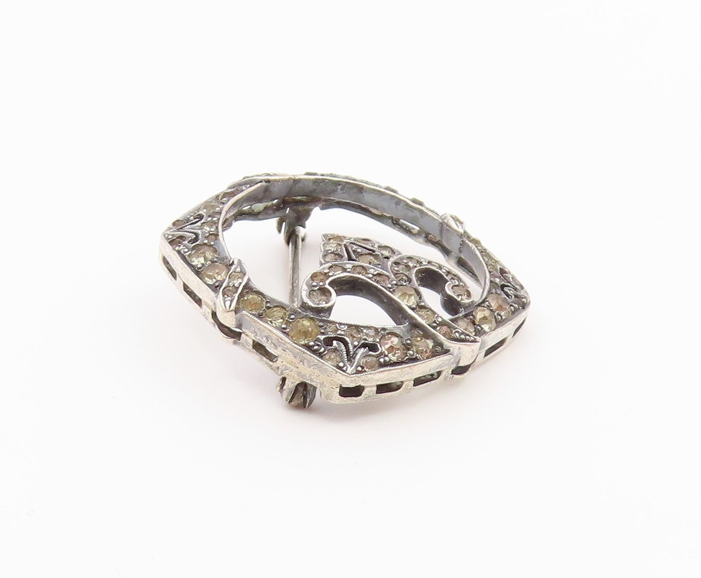 925 Sterling Silver Vintage Antique Open Floral Motif Topaz Brooch Pin  BP9849