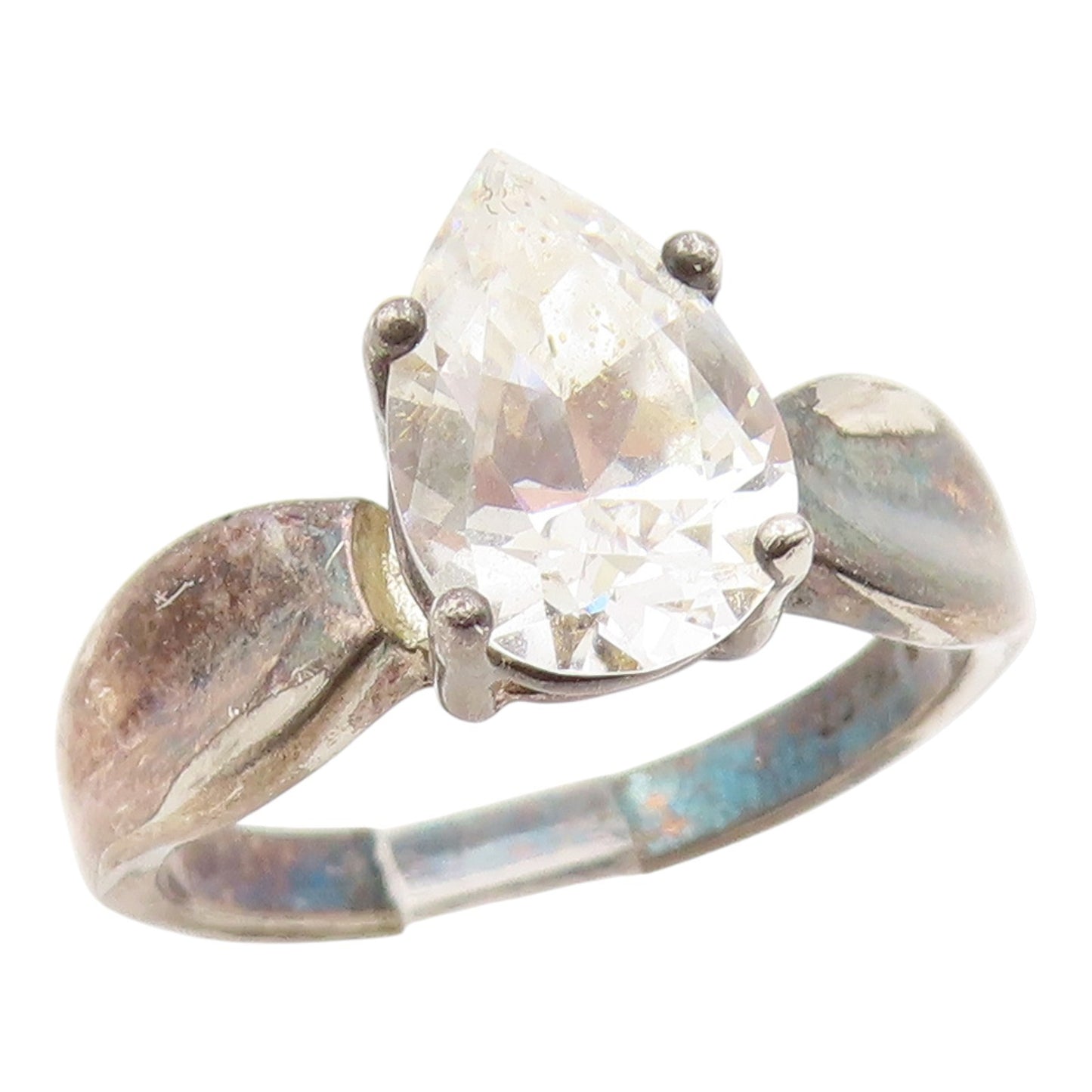 925 Sterling Silver Vintage Ring Pear Cut CZ Solitaire Band  Sz 10  RG35484