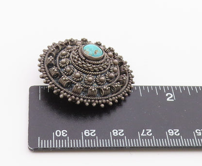 ISRAEL 925 Silver  Vintage Turquoise Dark Tone Floral Dome Brooch Pin  BP3850