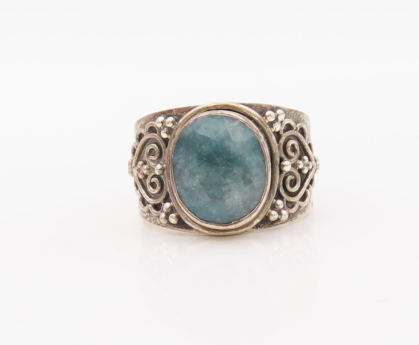 925 Sterling Silver Vintage Ring Carved Heart Design Gemstone  Sz 9.5  RG30764
