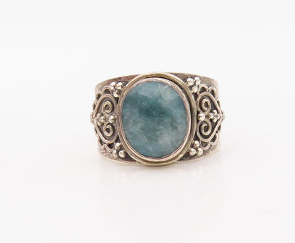 925 Sterling Silver Vintage Ring Carved Heart Design Gemstone  Sz 9.5  RG30764