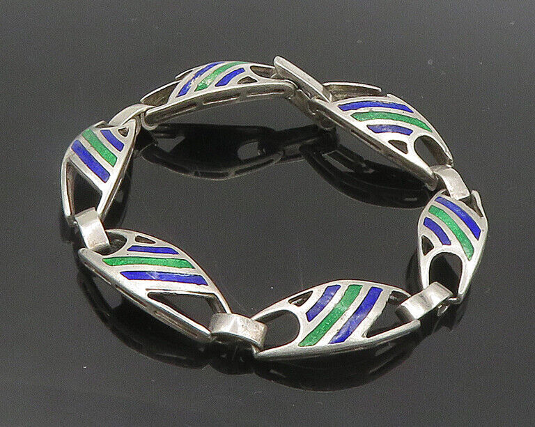 925 Sterling Silver  Vintage Enamel Striped Pattern Chain Bracelet  BT7861