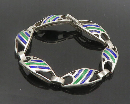 925 Sterling Silver  Vintage Enamel Striped Pattern Chain Bracelet  BT7861