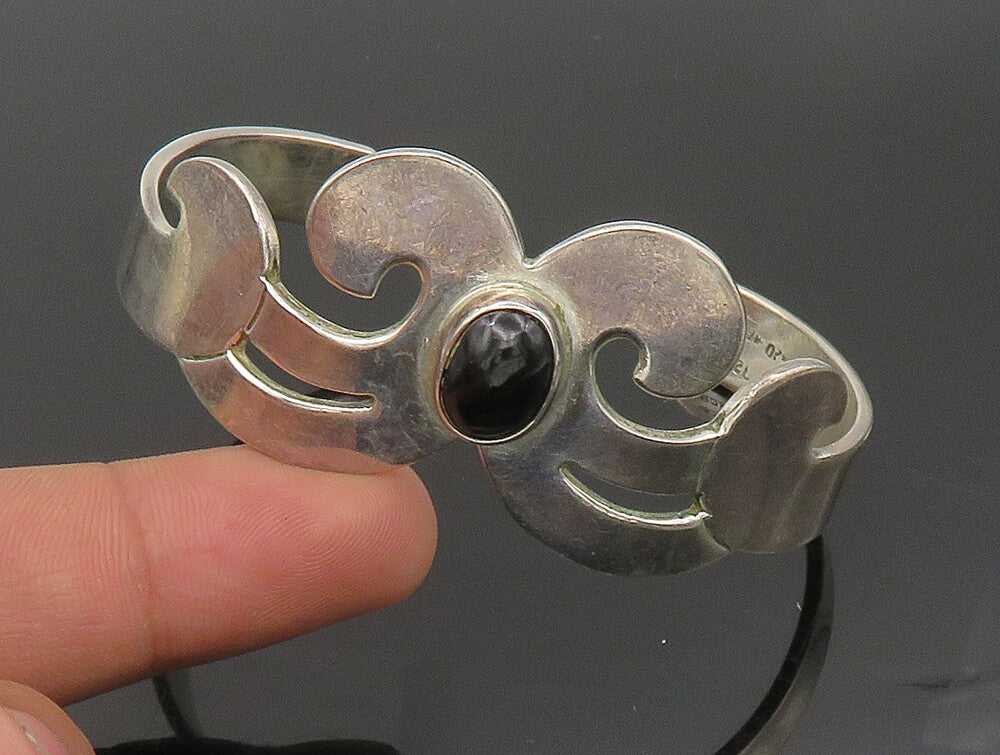 MEXICO 925 Sterling Silver Vintage Black Onyx Swirl Cuff Bracelet BT1379