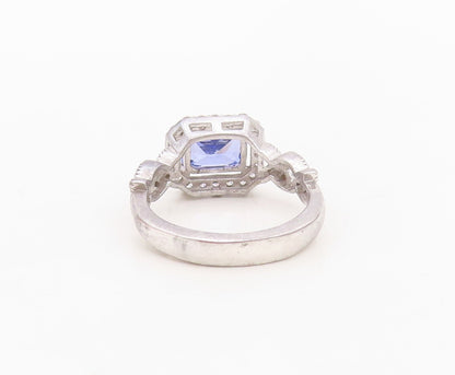 925 Sterling Silver Vintage Ring Rectangle Cut Sapphire Halo CZ  Sz 7  RG30138