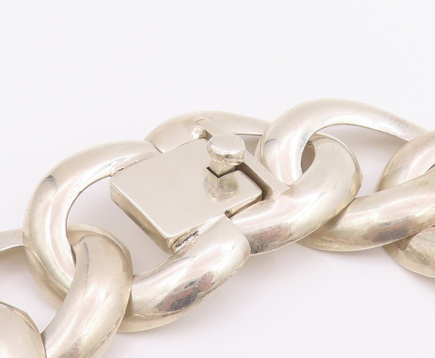 925 Sterling Silver Vintage Necklace MEXICO Chunky Oval Cuban Link Choker NE4788