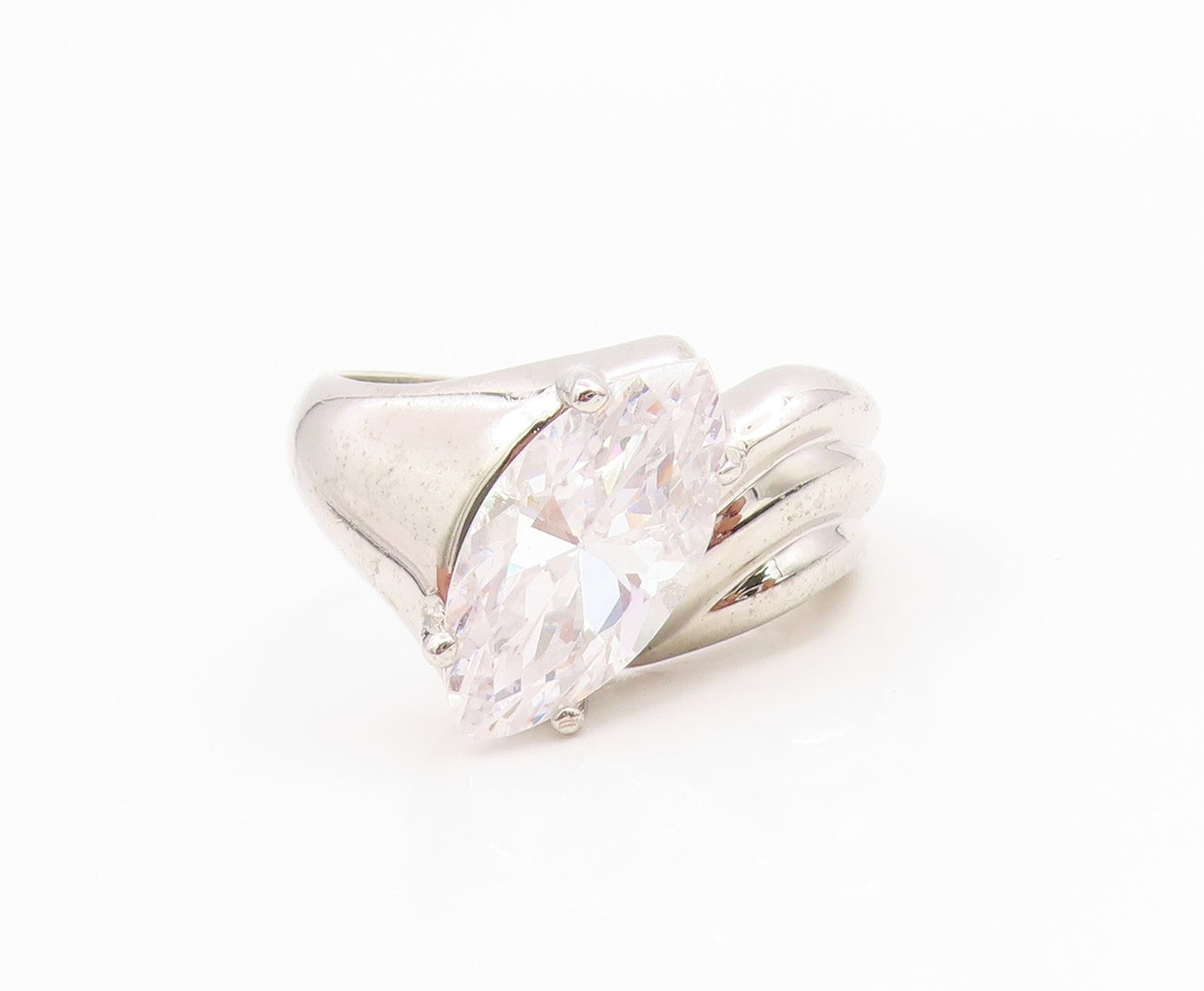 925 Sterling Silver Vintage Ring Marquise Cut CZ Ribbed Wave Band  Sz 7  RG35762